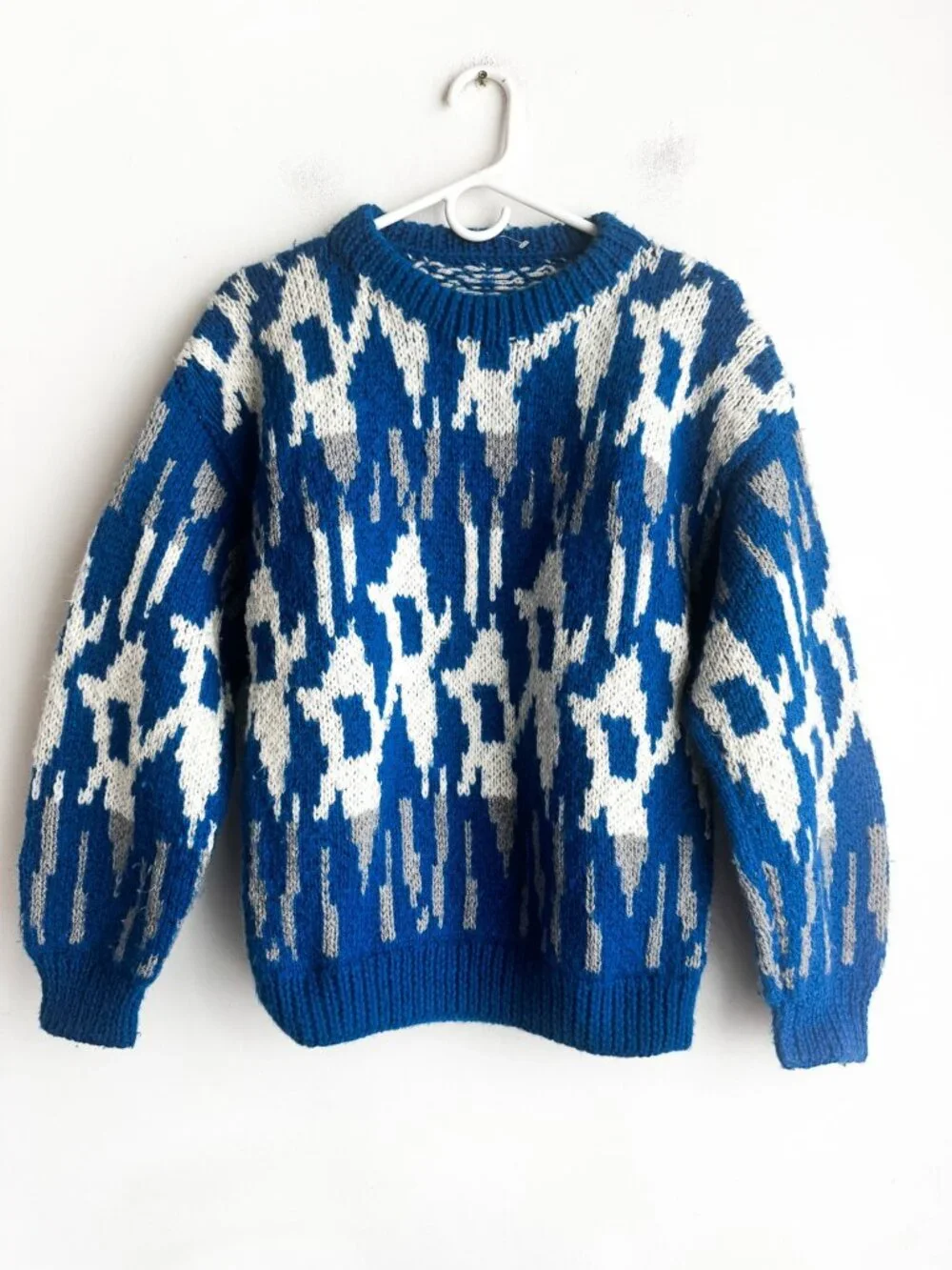 Vintage Wool Blend Blue Geometric Print Colourful Pullover S/M